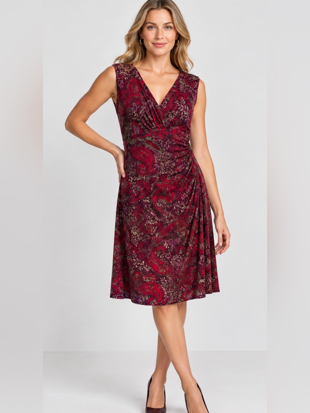NWT Lauren Ralph Lauren Burgundy Paisley Ruched Faux Wrap Dress 14